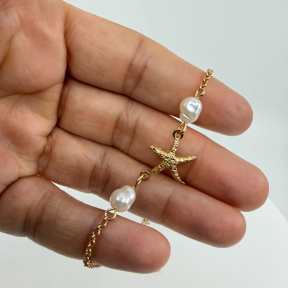 Gold Tone Starfish Bracelet Coastal Beach Jewelry White Pearl Accent Trendy Gift - Picture 9 of 14